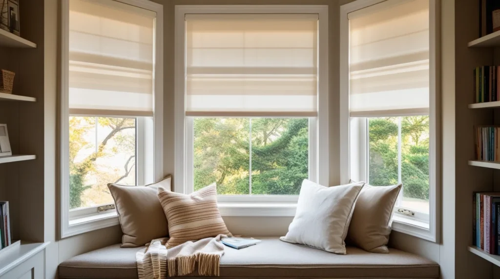 Mixing Blinds And Curtains Balanced Bay Window Covering Ideas